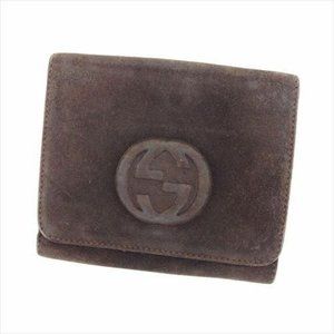 Authentic Gucci Wallet Purse G logos Brown Suede enamel leather Woman